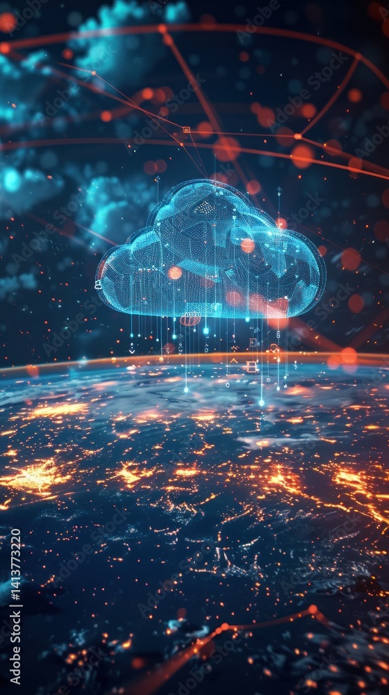Global cloud computing network over illuminated Earth Global cloud computing network over illuminated Earth