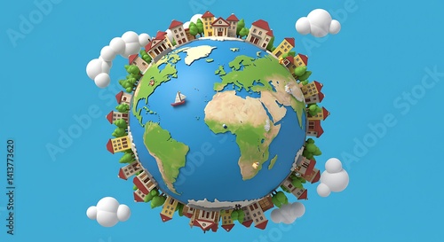 Global Village: Whimsical 3D Earth with Cartoon Houses