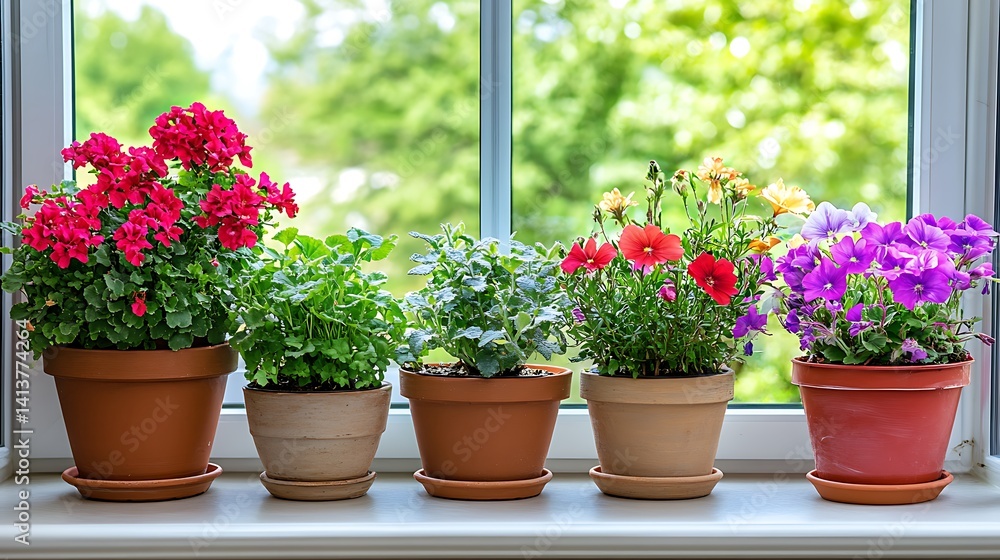 Five potted flowering plants on a windowsill. Five potted flowering plants on a windowsill.