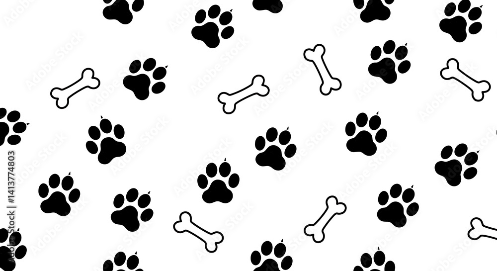 Fototapeta premium Playful Paw Prints and Bones: A Simple Black and White Pattern