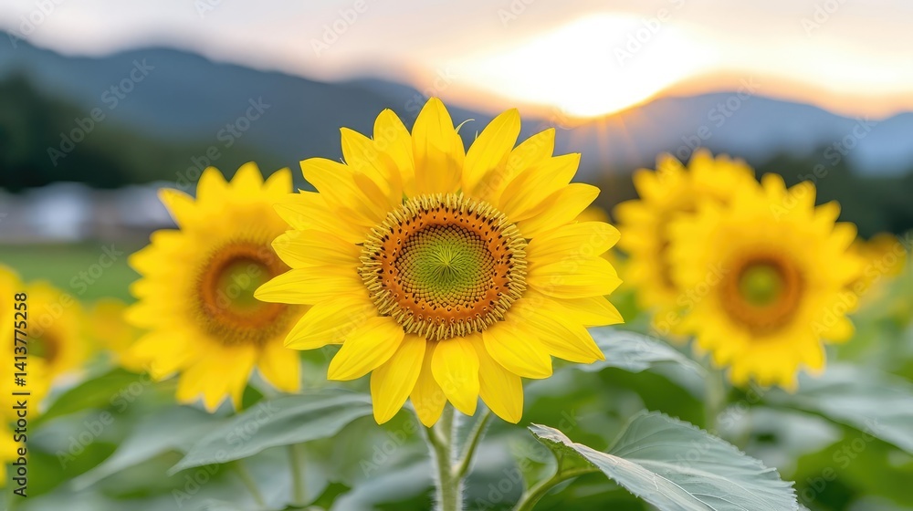 Fototapeta premium Vibrant sunflowers at sunset summer nature photography
