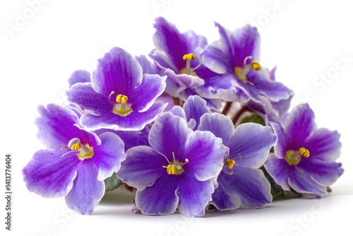 African Violet Flowers in Full Bloom on White Background Close Up