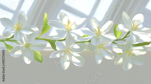 Sunlit white flowers on branch by window.
