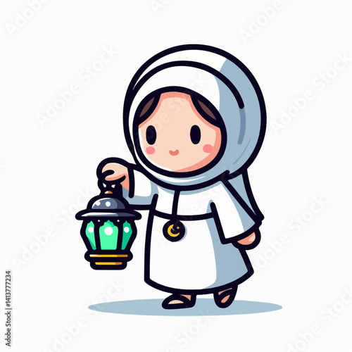 Islamic cartoon vector illustration of a person carrying a lantern lamp