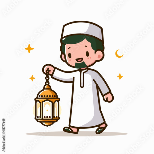 Islamic cartoon vector illustration of a person carrying a lantern lamp