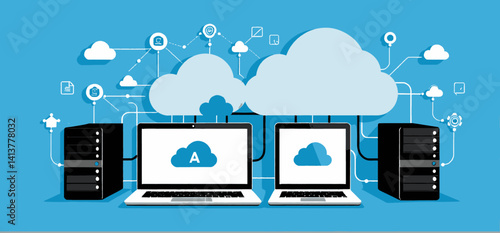 Cloud Computing Illustration_Servers_Laptops_and Cloud Icons_Digital Data Storage and Network Connectivity_Modern Technology and Data Management Solution