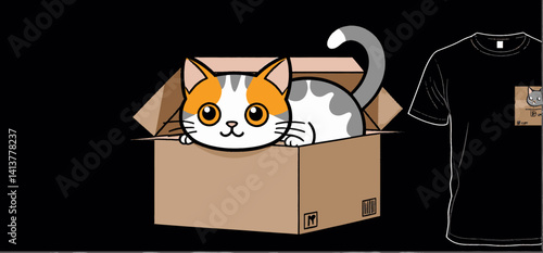 Cute_Cartoon_Cat_T_Shirt_Design_Featuring_a_Calico_Kitten_in_a_Cardboard_Box_Ideal_for_Cat_Lovers_and_Fans_of_Unique_Animal_Themed_Apparel_Fun_and_Playful_Graphic