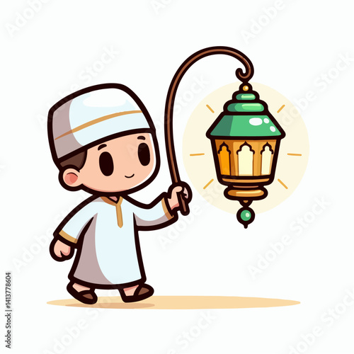 Islamic cartoon vector illustration of a person carrying a lantern lamp
