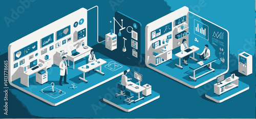 Isometric_View_of_Modern_Medical_Offices_Doctors_Working_Data_Visualization_Healthcare_Technology_Telemedicine_Solutions_Innovative_Medical_Workspace_Design