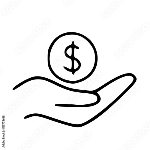 Hand Holding Dollar Coin - Line Art Illustration
