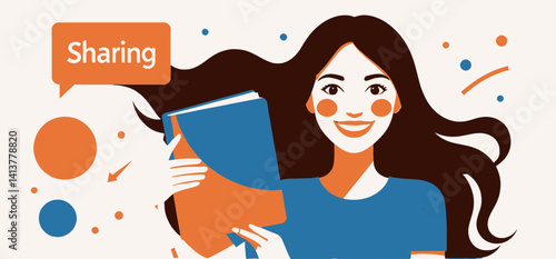 Sharing_Knowledge_Illustration_Happy_Woman_Holding_Colorful_Book_Education_Concept_Learning_and_Communication_Graphic_Design_for_Social_Media_Content