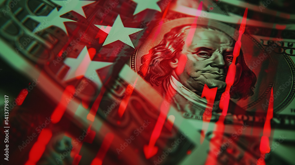 Red financial arrows overlaid on US hundred dollar bill.