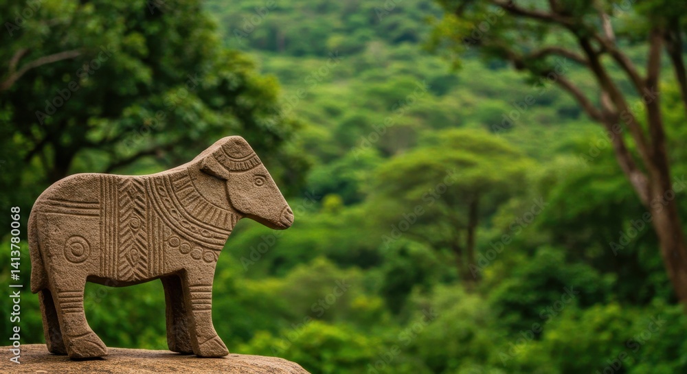 Fototapeta premium Ancient Stone Cow Statue Against Lush Green Tropical Forest Backdrop