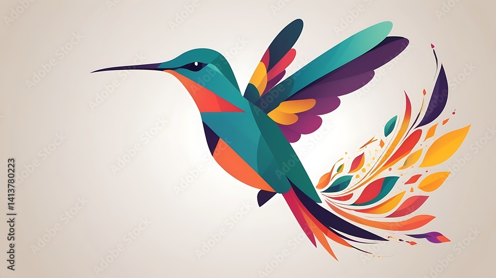 Obraz premium An abstract hummingbird made with delicate overlapping shapes, colorful vector art