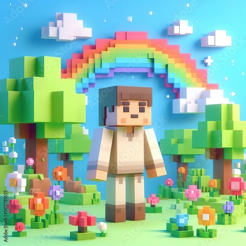 Character blocks videogame, voxel art geometry 3d digital illustration