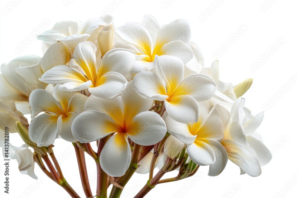 Fototapeta premium Plumeria Bouquet: Delicate White Blossoms with Yellow Centers, Serene Floral Still Life