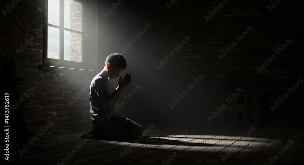 Fototapeta premium Boy Praying: A Solemn, Light-Filled Portrait