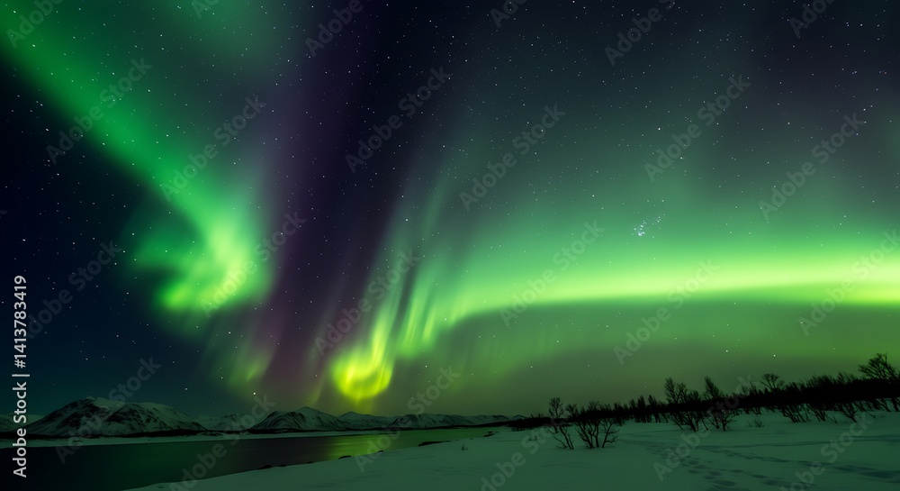 Arctic Aurora: Serene Green Lights Dance Across Winter Landscape Arctic Aurora: Serene Green Lights Dance Across Winter Landscape