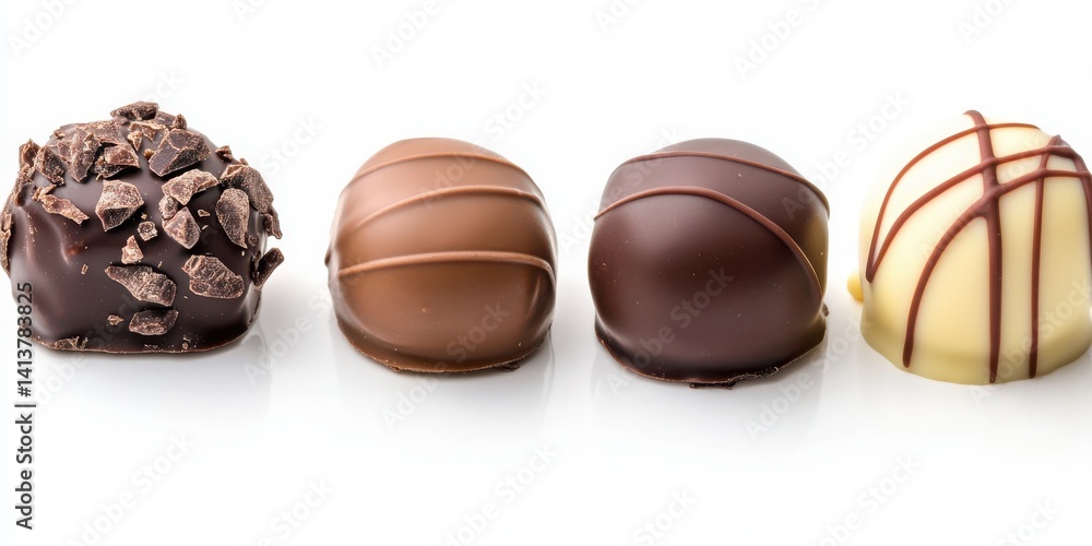Fototapeta premium Four assorted gourmet chocolates on white background