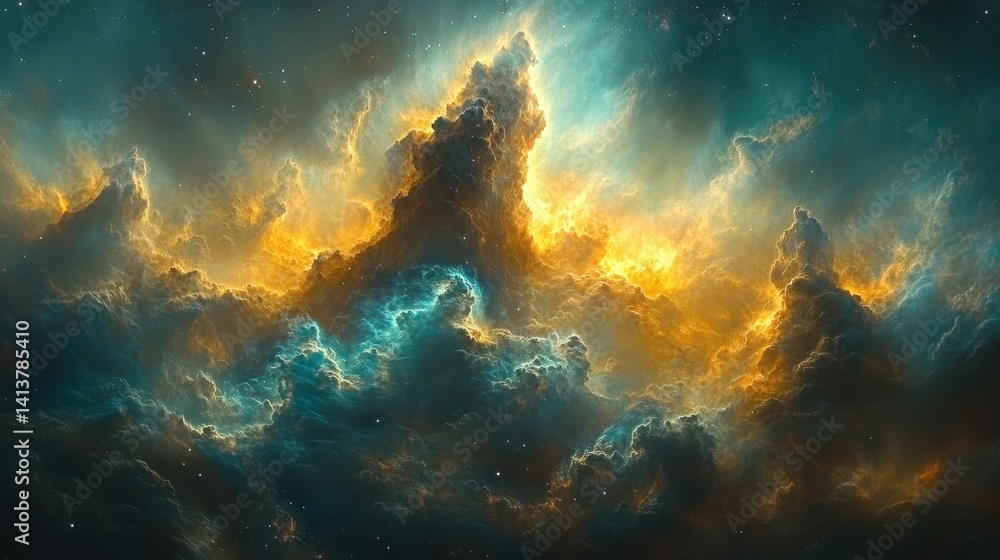 Fototapeta premium Cosmic Nebula Golden and Teal Cloudscape