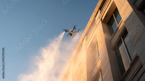 Drone building cleaning services aerial facade maintenance high rise exterior power washing and window cleaning