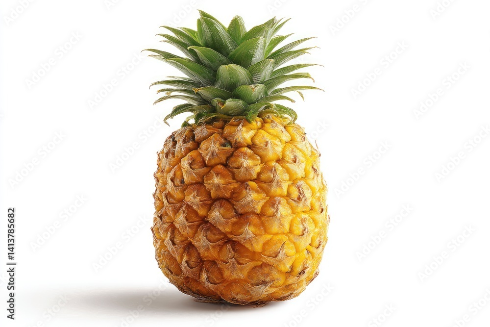 Fototapeta premium Standing Pineapple Fruit with Green Leaves Isolated on White Background
