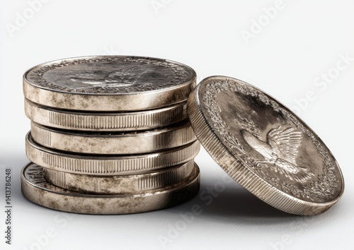 A stack of shiny coins with detailed engravings, showcasing their metallic texture and reflecting light elegantly.