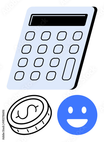 Calculator, coin with dollar sign, and smiling face emphasize financial planning, budgeting, savings, earning, cost calculation, productivity positive results. Ideal for business finance