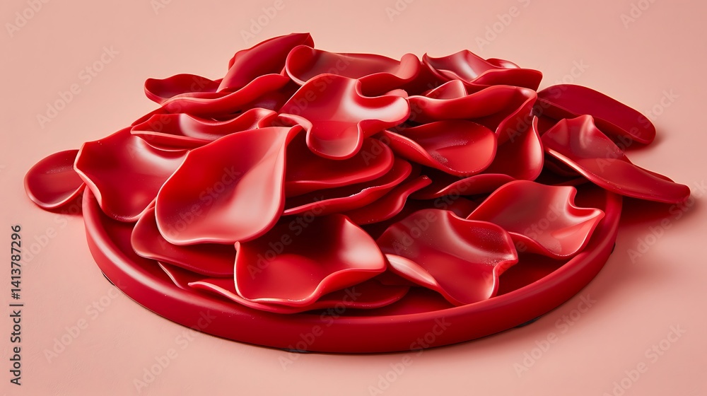 Naklejka premium Crimson petals cascading on a smooth, red surface with soft lighting