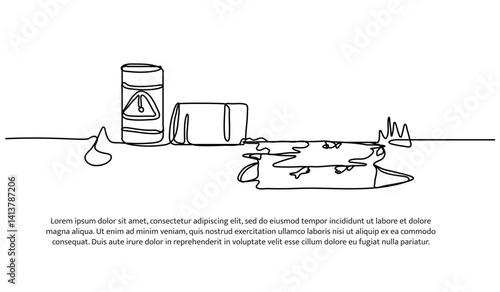 Continuous one line design of toxic waste spill. Minimalist style vector illustration on white background.