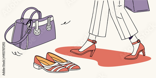  Stylish purple  women's leather sandals shoes. Woman bag. Ladies bag and stylish red shoes. Colorful leather shoes stiletto. Stylish classic women leather. vector illustration.
