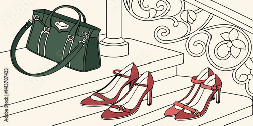  Stylish green  women's leather sandals shoes. Woman bag. Ladies bag and stylish red shoes. Colorful leather shoes stiletto. Stylish classic women leather. vector illustration.
