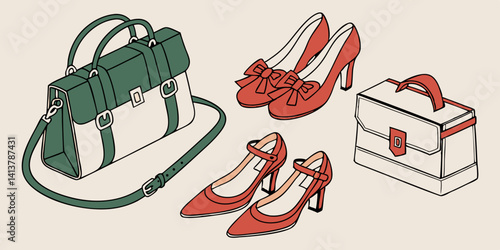  Stylish green  women's leather sandals shoes. Woman bag. Ladies bag and stylish red shoes. Colorful leather shoes stiletto. Stylish classic women leather. vector illustration.
