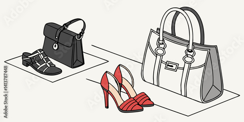  Stylish black  women's leather sandals shoes. Woman bag. Ladies bag and stylish red shoes. Colorful leather shoes stiletto. Stylish classic women leather. vector illustration.
