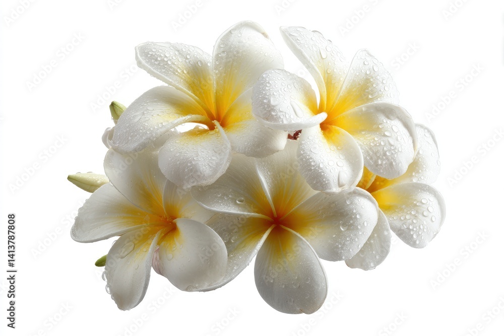 Fototapeta premium Dew-Kissed Plumeria Blooms: A Serene Floral Still Life