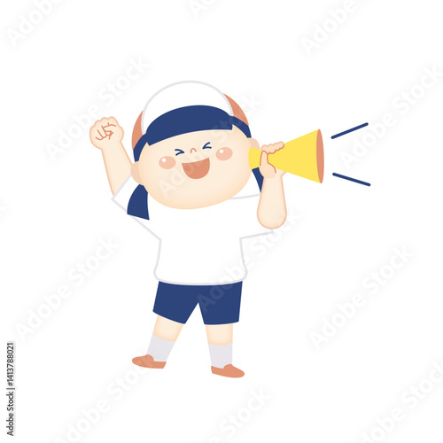  メガホンで応援　体操服の女の子のイラスト　全身