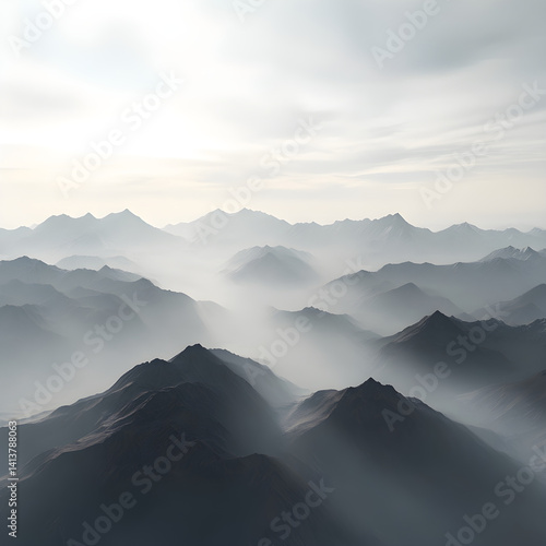 Obraz na płótnie Mystical Elegance of Misty Mountains: A Dance of Nature and Sky Unfolding Beyond the Horizon’s Embrace w salonie