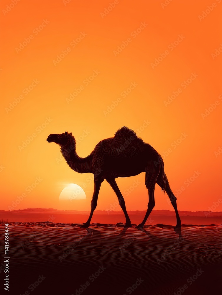 Camel Silhouette at Sunset: A Warm Desert Landscape Camel Silhouette at Sunset: A Warm Desert Landscape