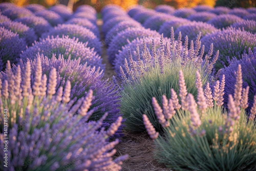 Naklejka premium Enchanting Autumn Lavender Field: A Beautiful Floral Background in Bloom
