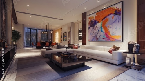 Modern living room with elegant furnishings and vibrant artwork.