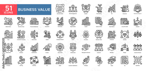 Business Value collection set. Business Value, Business Model , Brand Engagement, Benefit, Cross Selling, Kpi, Consumer, Relationship Management, icon. Simple flat vector illustration