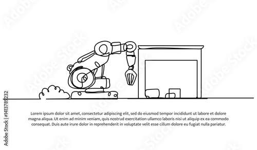 Continuous one line design of a robotic arm in warehouse. Minimalist style vector illustration on white background.