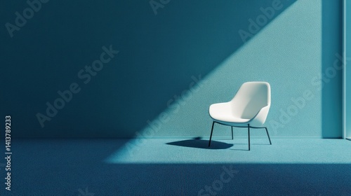 A minimalist room featuring a white chair casting a shadow on a blue wall and floor.