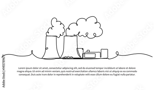 Continuous one line design of power plant with emissions. Minimalist style vector illustration on white background.