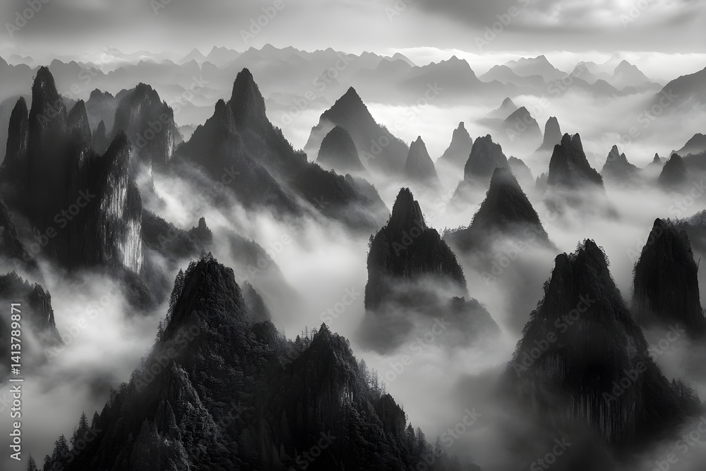 Mystical Elegance of Misty Mountains: A Dance of Nature and Sky Unfolding Beyond the Horizon’s Embrace