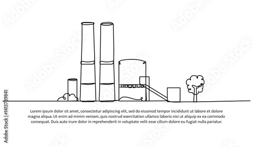 Continuous one line design of industrial power plant. Minimalist style vector illustration on white background.