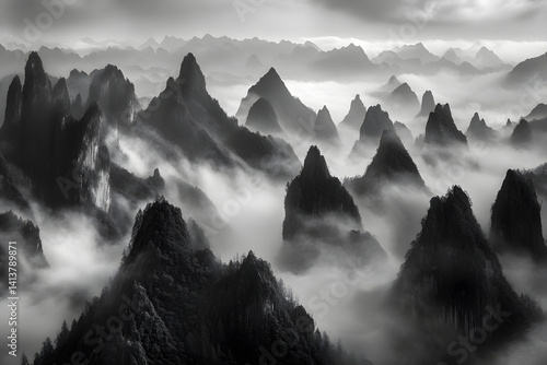 Obraz na płótnie Mystical Elegance of Misty Mountains: A Dance of Nature and Sky Unfolding Beyond the Horizon’s Embrace w salonie