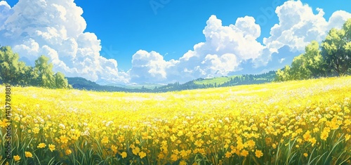 Vast field of yellow rapeseed flowers under a bright blue sky