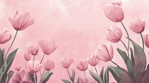 A serene illustration of pink tulips against a soft pink background, evoking tranquility.