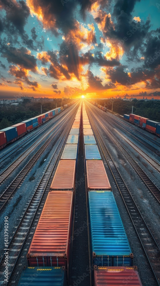 Obraz premium Sunset over freight train containers on railway tracks, industrial shipping at dawn